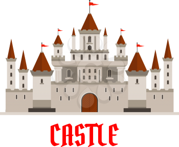 Fortified victorian medieval castle symbol for architecture, adventure and fairy tale design usage with elegant main keep with red flags on turrets, guarded by walls with battlements and watchtowers