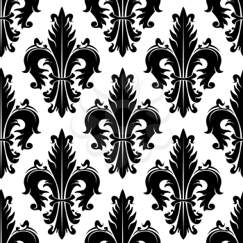 Black and white ornamental fleur-de-lis background for heraldry theme or vintage interior design with seamless pattern of fluffy spiky leaves with swirls