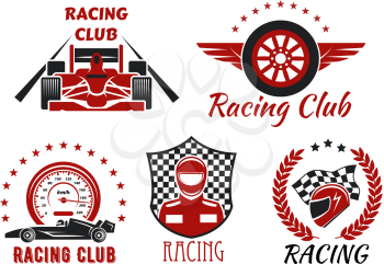 Racing club and motorsport competitions symbols with open wheel racing cars, racer, protective helmet and winged wheel, framed by speedometer, racing flag, checkered shield, laurel wreath and stars