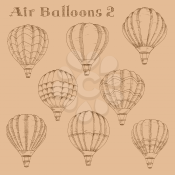 Vintage engraving sketch illustration of hot air balloons in flight with inflated envelopes. Great for retro air traveling and airship theme or leisure activity design 