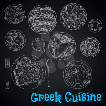 Chalkboard restaurant menu of greek cuisine symbol with chalk sketched pork gyros with french fries in pita bread, fried cheese saganaki with potatoes, grilled sardines and mussels, fried squid, fresh