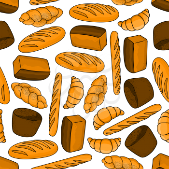 Bread and buns seamless pattern for bakery and pastry shop or kitchen interior design with braided sweet buns and croissants, healthful dark rye and pumpernickel bread, french baguettes and wheat long