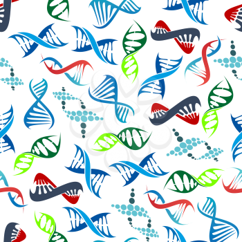 Colorful seamless human DNA helices pattern over white background with randomly scattered abstract modern molecule models. May be use as scientific research, health care or genetic science theme desig