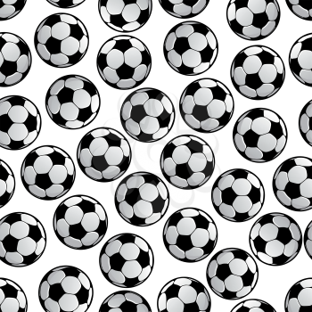 Sporting seamless pattern of football or soccer balls. For sport game or competition theme and scrapbook page backdrop design with traditional tracery of white hexagons and black pentagons