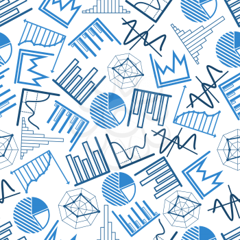 Blue business charts and financial graphs seamless pattern over white background with pie and radar charts, bar and line graphs, histograms and diagrams. Use as presentation or infographics backdrop d