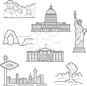 Popular national landmarks of USA for tourism or travel planning design with thin linear Statue of Liberty, casinos of Las Vegas, Capitol, White House, mount Rushmore, Arches National Park and geyser 