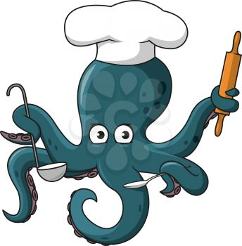 Cute cartoon blue octopus chef in white cook hat character with spoon, ladle and wooden rolling pin in swirling tentacles. Great for children book and seafood menu restaurant design