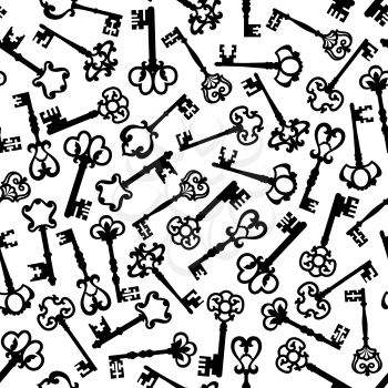 Vintage seamless black silhouettes of medieval victorian skeleton keys pattern over white background, adorned by decorative elements with fleur-de-lis motif. Scrapbook page backdrop or interior design
