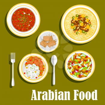 Various dishes of regional arab cuisines icon with beef and beans stew with rice, bread salad fattoush with fresh vegetables, hummus with olive oil, beans and spices, tomato and bell pepper warm salad