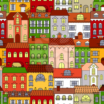 Retro seamless houses of old town streets pattern with sunny colorful facades, vintage forged street lanterns, ladders and awnings, arched windows and brick chimneys. Use as travel or real estate back