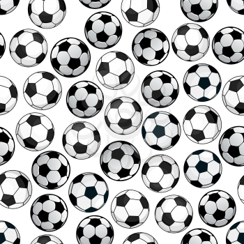 Sporting themed pattern of football game with bright cartoon seamless soccer balls over white background. Use as championship backdrop or sport club concept design
