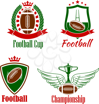 Retro sporting symbols for rugby championship or sport club design with winner trophy cup stands on winged rugby ball, heraldic shields and laurel wreath with balls and gate, adorned by ribbon banners