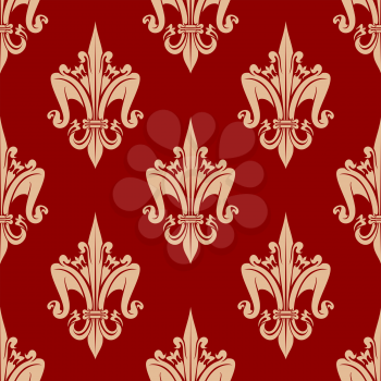 Decorative stylized fleur-de-lis pattern with delicate beige seamless ornament of french royal heraldic lilies over bright red background. May be use as vintage interior or wallpaper design