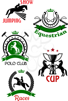 Horse races, show jumping, polo club and equestrian sport competitions symbols of jumping and rearing up horses with riders, trophy cup, dressage whips and mallets framed by horseshoes and laurel wrea