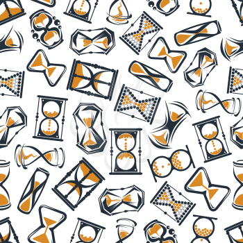Retro hourglasses seamless pattern for time, deadline or timeout themes design with abstract cartoon sand clocks, sandglasses and stopwatches over white background