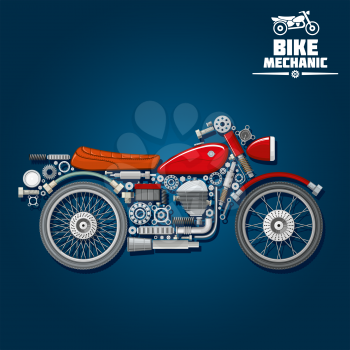 Motorcycle mechanic silhouette symbol with wheels, gas tank, seat, engine, battery and exhaust pipe, gears and cogwheels, absorbers and fork, suspension and kickstand, headlight and bearings. Use as t