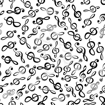 Black and white music themed background with seamless pattern of randomly scattered treble clefs. May be used as arts and entertainment theme or scrapbook page backdrop design