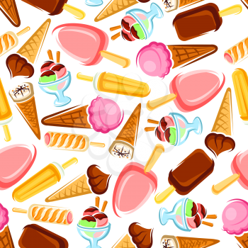 Retro seamless pattern of colorful ice cream on white background for cafe interior or fabric design with chocolate and strawberry ice cream cones and sticks, popsicles and sundae desserts 