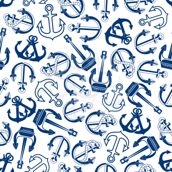 Blue nautical anchors pattern with seamless sketches of marine ships admiralty and heavy stockless anchors with ropes over white background. Great for sea club and sailing sport theme design usage