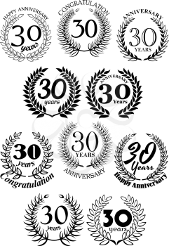 Anniversary heraldic frames retro symbols with black laurel wreaths for 30th birthday celebration, greeting card or awarding design usage