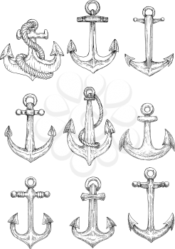 Vintage sailing ships admiralty anchors old fashioned engraving sketch icons entwined by ropes. Maybe use as yacht club symbol or nautical heraldic design