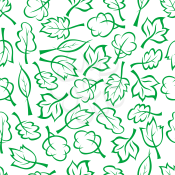 Bright green sketched seamless pattern of spring forest or park trees and bushes randomly scattered over white background. Use as nature, ecology themes or retro fabric design