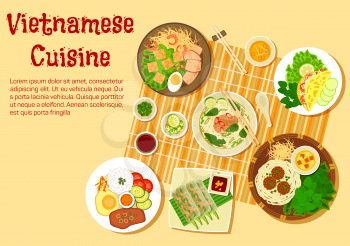 Vietnamese cuisine flat icon with top view of family dinner with beef and rice vermicelli soup bun bo, rice thin pancakes, shrimp salad rolls, broken rice com tam with vermicelli cakes, meatballs with