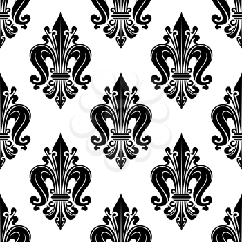 Vintage black and white floral seamless pattern with stylized fleur-de-lis motif ornated by curly decorative elements. Great for upholstery textile or wallpaper design usage