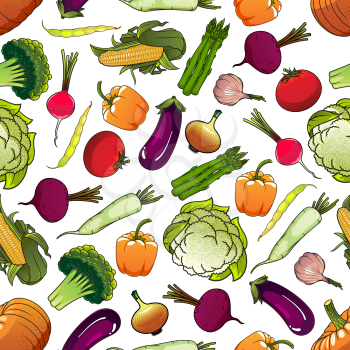 Healthy fresh vegetables background with cartoon seamless pattern of ripe tomatoes, eggplants and beans, sweet corns and bell peppers, pumpkins and beets, green broccolies, asparagus and cauliflowers,