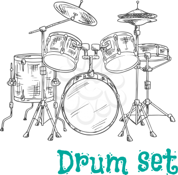 Sketched five piece drum set symbol of modern percussion instrument with bass drum and tom toms in the center of kit, snare and floor drums on both sides, supplemented by crash and hi hat cymbals