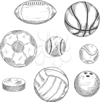 Engraving sketch drawings of sporting balls and ice hockey puck for sports competition or leisure activity design with football and soccer, basketball and baseball, rugby and volleyball, tennis and bo