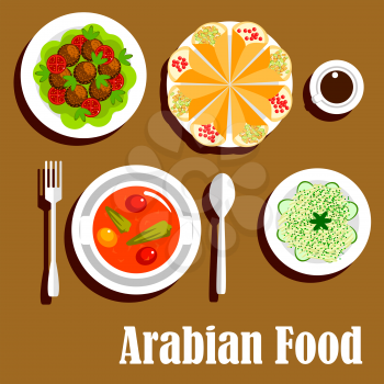 Arabian vegetarian shawarma wrap sandwiches filled with lentil, vegetable stew with tomatoes and peppers and deep fried chickpea falafels, cabbage salad with cucumbers and cup of coffee. Flat icon for