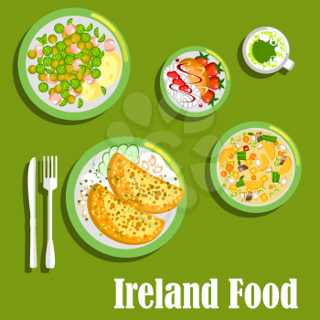 Rich and flavor dishes of irish cuisine symbol with potato pancakes boxty with cheesy mushroom sauce and brussels sprouts warm salad with corned beef, dublin stew coddle, green beer and merengue desse