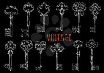Decorative ancient skeleton keys with intricate notched bits chalk sketches on blackboard, ornated by vintage forged flourishes and fleur-de-lis elements. Use as tattoo or embellishment design