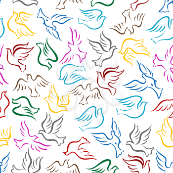 Flying colorful birds seamless pattern on white background with bright sketches of doves or pigeons in flight with raised and outstretched wings. Use as peace and religion themes design