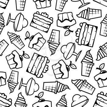 Sweet desserts background with black and white sketched seamless pattern of ice cream cones and sundae desserts, tiered cakes and cupcakes, topped with fresh fruits and cream decorations