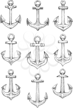 Retro nautical heraldic symbols of sketched admiralty pattern anchors with arrow shaped flukes and large chain rings. Use as naval badge or sailing club design