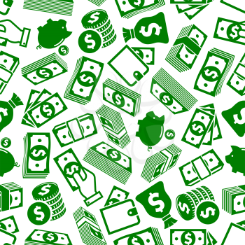 Money and financial savings background pattern for richness and business success themes design with seamless green and white silhouettes of dollar bills and coins stacks, wallets and hands with money,