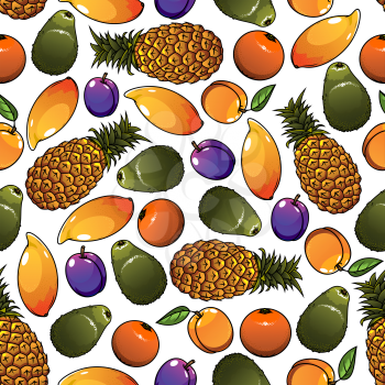 Seamless cartoon pattern of juicy tropical pineapples and mangoes, oranges and avocados, garden plums and peaches fruits over white background. Great for organic farming theme or fruity dessert design