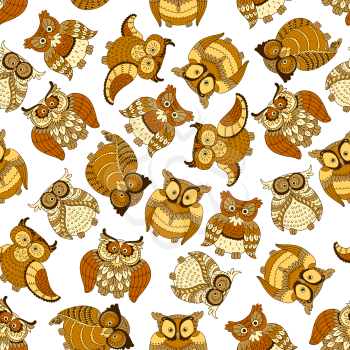 Funny brown owls retro background for nature theme or scrapbook page backdrop design usage with cartoon seamless pattern of flying and nesting forest owls