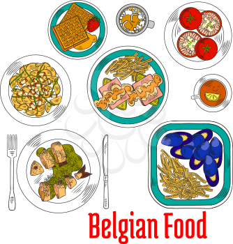 Native dishes of belgian cuisine sketch with blue mussels and endives cheese casserole served with french fries, eel in green sauce and tomatoes stuffed shrimp salad, potato warm salad, hot chocolate 