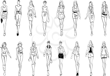 Black and white fashion models sketch icons with silhouettes of young women presenting stylish everyday clothes for office and leisure activity. Use as fashion show theme or shopping design