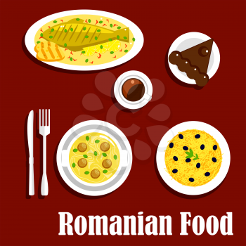 Savory romanian dinner icon with flat symbols of grilled fish and corn mamaliga, meatball noodle soup and potato casserole topped with cheese and olive fruits, cup of coffee with chocolate cake amandi