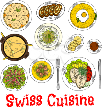 Swiss cheese fondue sketch symbol with croutons, potato rosti topped with fried egg and risotto with cheese, steamed fish steaks and rainbow vegetable salad, green pea shrimps chowder, coffee with cho