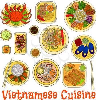 Essential dishes of vietnamese cuisine icon with steamed crab and mussels, fried shrimps and spring rolls in sesame seeds, garlic carrot and prawn salads, fresh vegetables and sticky rice, spicy sauce