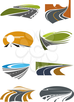 Road landscapes icons for travel theme and car trip design usage with mountain and coastal highways, country and desert roads with steep turns and forked crossing