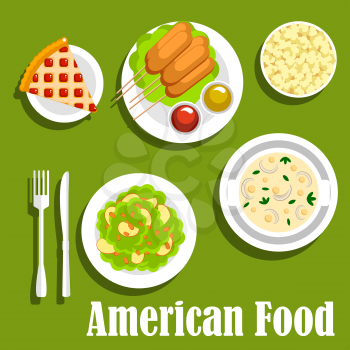 American lunch with fast food snacks and desserts icon with corn dogs, served with ketchup and mustard sauces, cream cheese soup and apple salad topped with nuts, berry pie and popcorn. Flat style