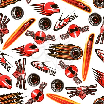 Motosport seamless pattern background of red racing cars with speed motion trails, flaming speedometers with black smoke, racing helmets and shields with exhaust pipes on both sides. Sport theme desig