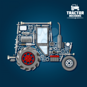 Mechanical parts silhouette of tractor symbol with front and driving wheels, door and exhaust stack, fuel tank and gears, suspension system and bearings, crankshaft and axle, headlights, springs and g