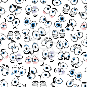 Funny comics eyes background with seamless pattern of shy glances and surprised gazes, sad sights and angry stares of cartoon blue googly eyes. Great for human emotion expression theme or page fill de